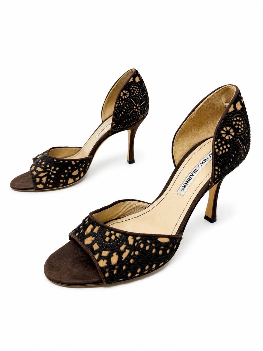 Manolo Blahnik Laser Cut Suede D’Orsay Heels Womens Size EU 38